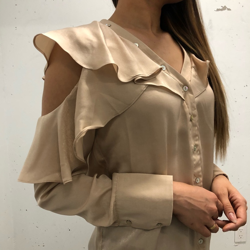 Cream/Champagne Cold Shoulder Ruffle Top - Picture 3 of 6